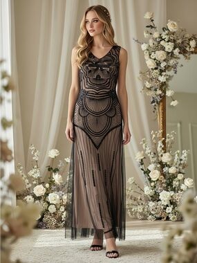 Camden Layne 1920’s Inspired Black Embellished Sheer Maxi Dress